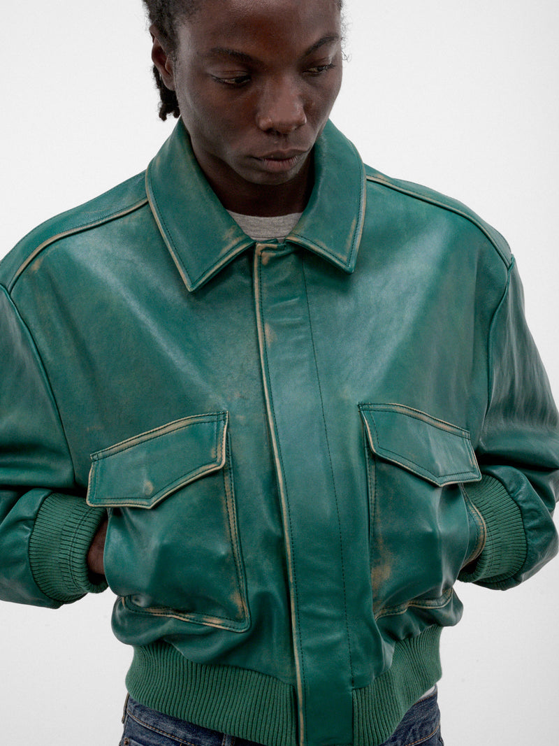 Green L-Uman Leather Bomber Jacket (A25066-L-UMAN-GREEN)