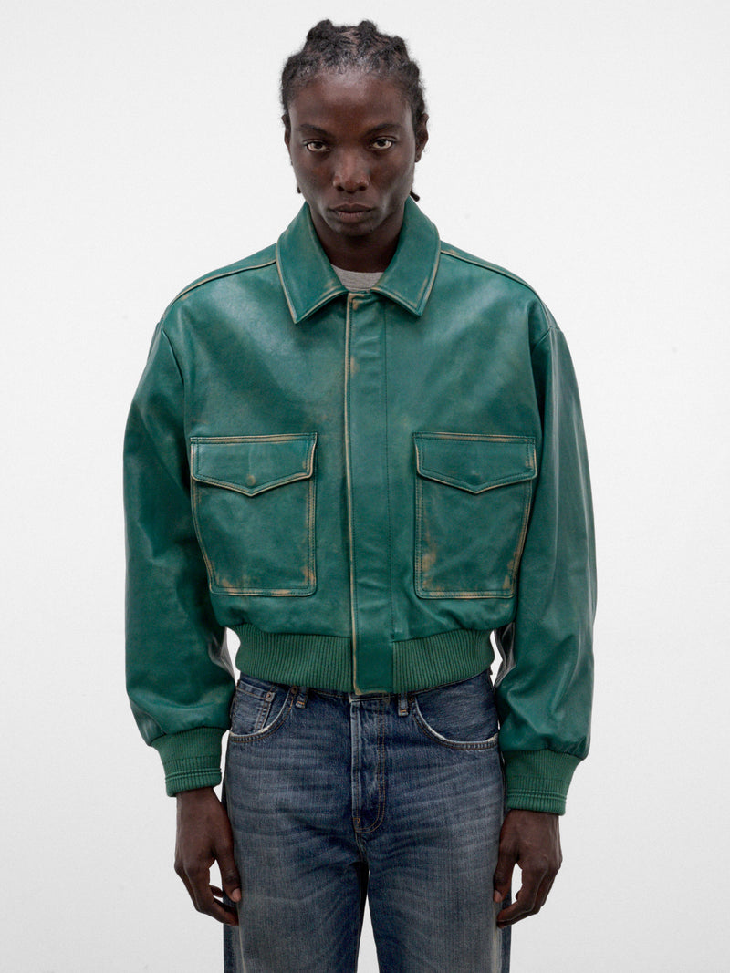 Green L-Uman Leather Bomber Jacket (A25066-L-UMAN-GREEN)