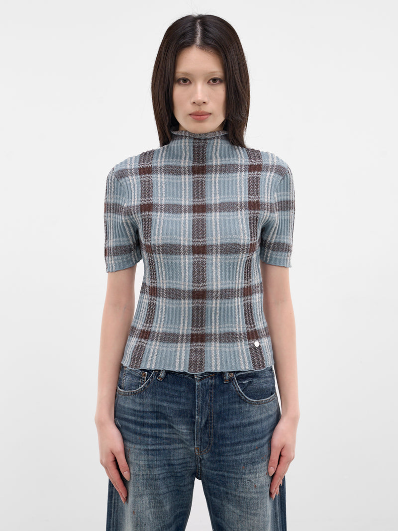 Blue Check Wool Knit Turleneck (A60641-AG7101-BLUE-BROWN)