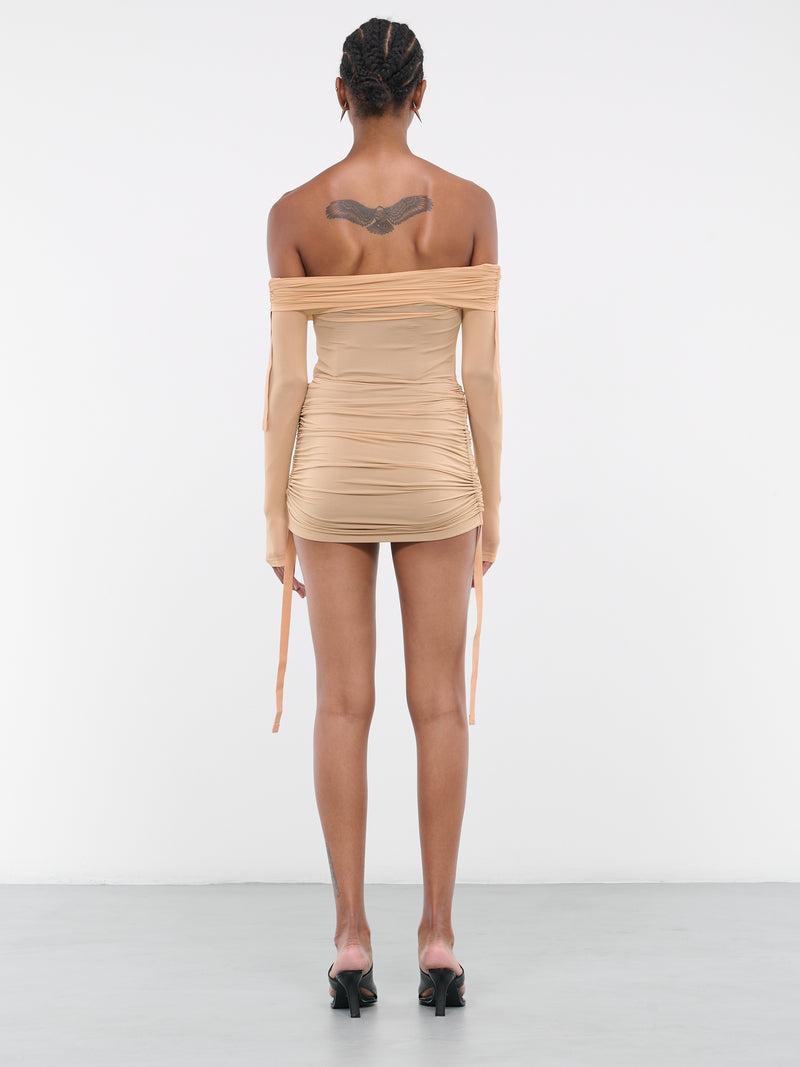 Hosiery Overlay Gathered Dress (A9957P23-3040-SANDSTONE-BLACK)