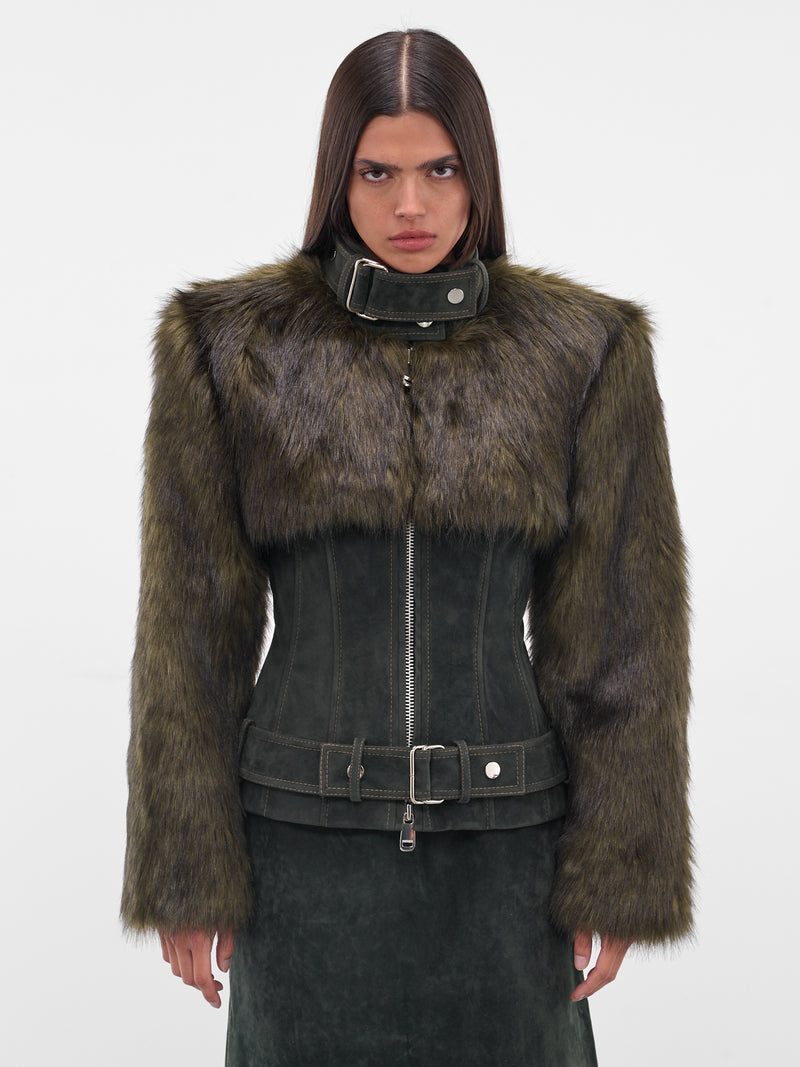 Hybrid Vegan Fur Corset Jacket (AAFW25JCPPGN03-DARK-GREEN)