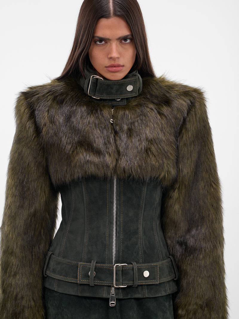 Hybrid Vegan Fur Corset Jacket (AAFW25JCPPGN03-DARK-GREEN)
