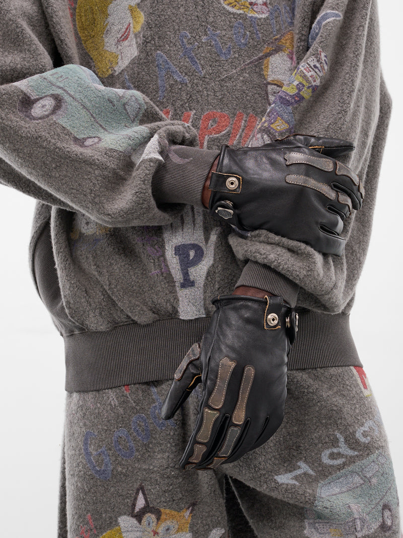 Black Bone Embroidered Leather Gloves (AC-SV-NGA-1005-BLACK)