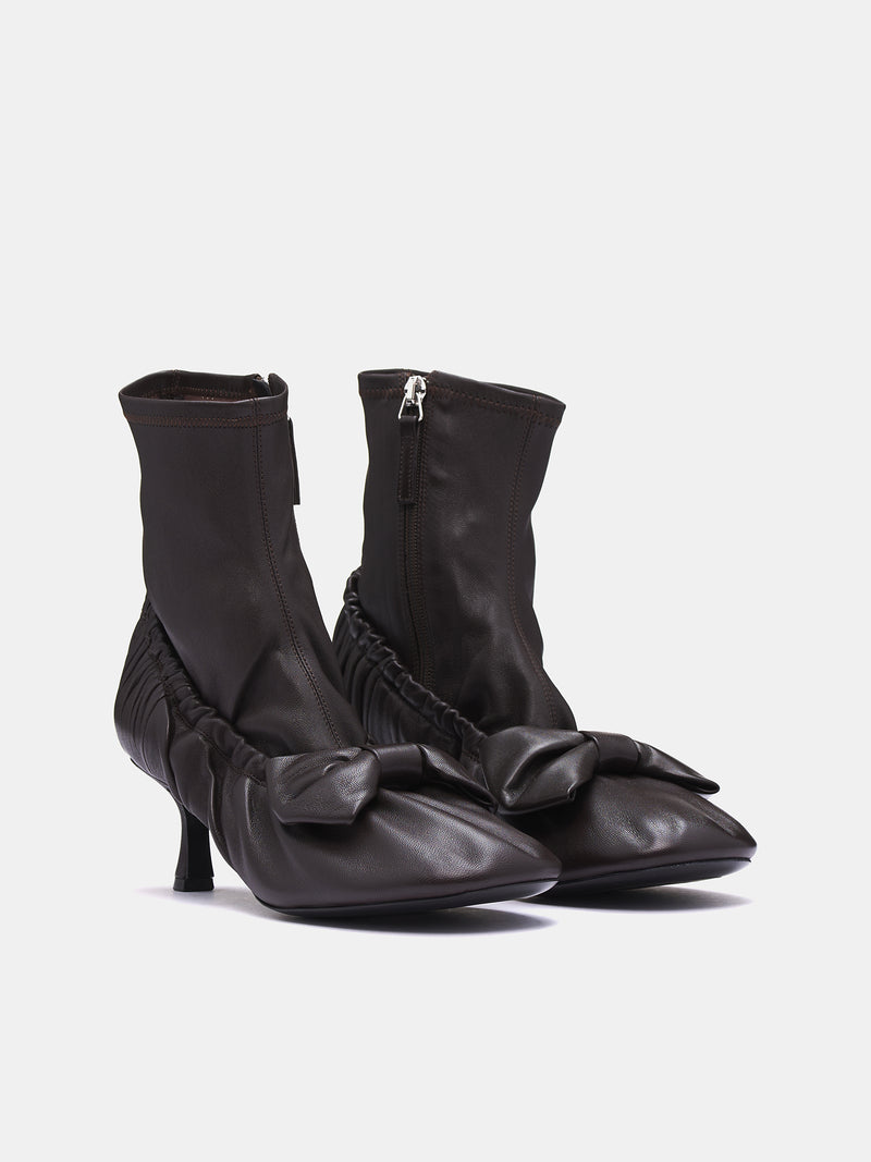 Leather Bow Ankle Boots (AD0796-DARK-BROWN)