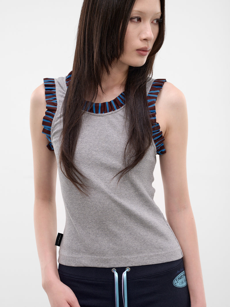 Gray Striped Frilled Tank Top (AN001TP26SSGRB-GRAY-BEAR)