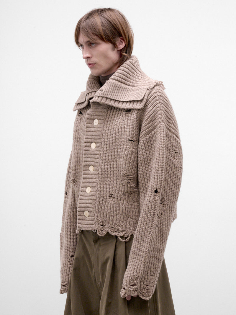 Khaki Distressed Knit Cardigan (AW26-005-03K-KHAKI)