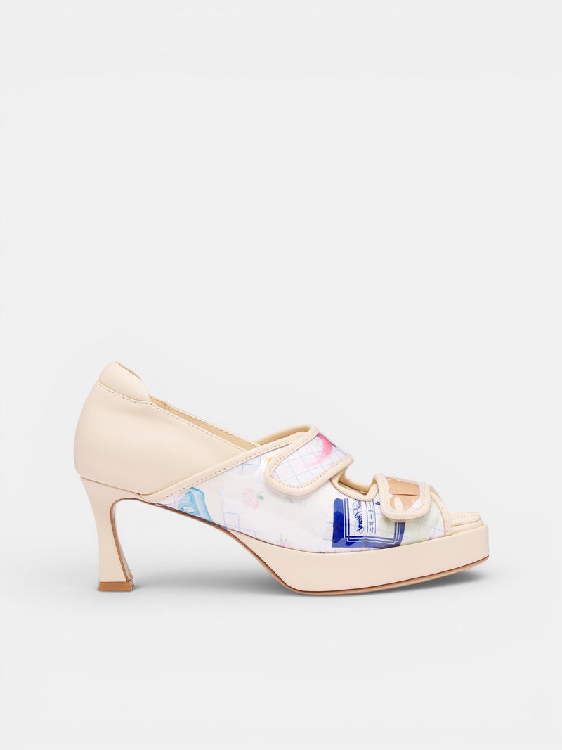 Trash Grid Velcro Kitten Heels (AWSS2600156-TRASH-BLUE-GRID)