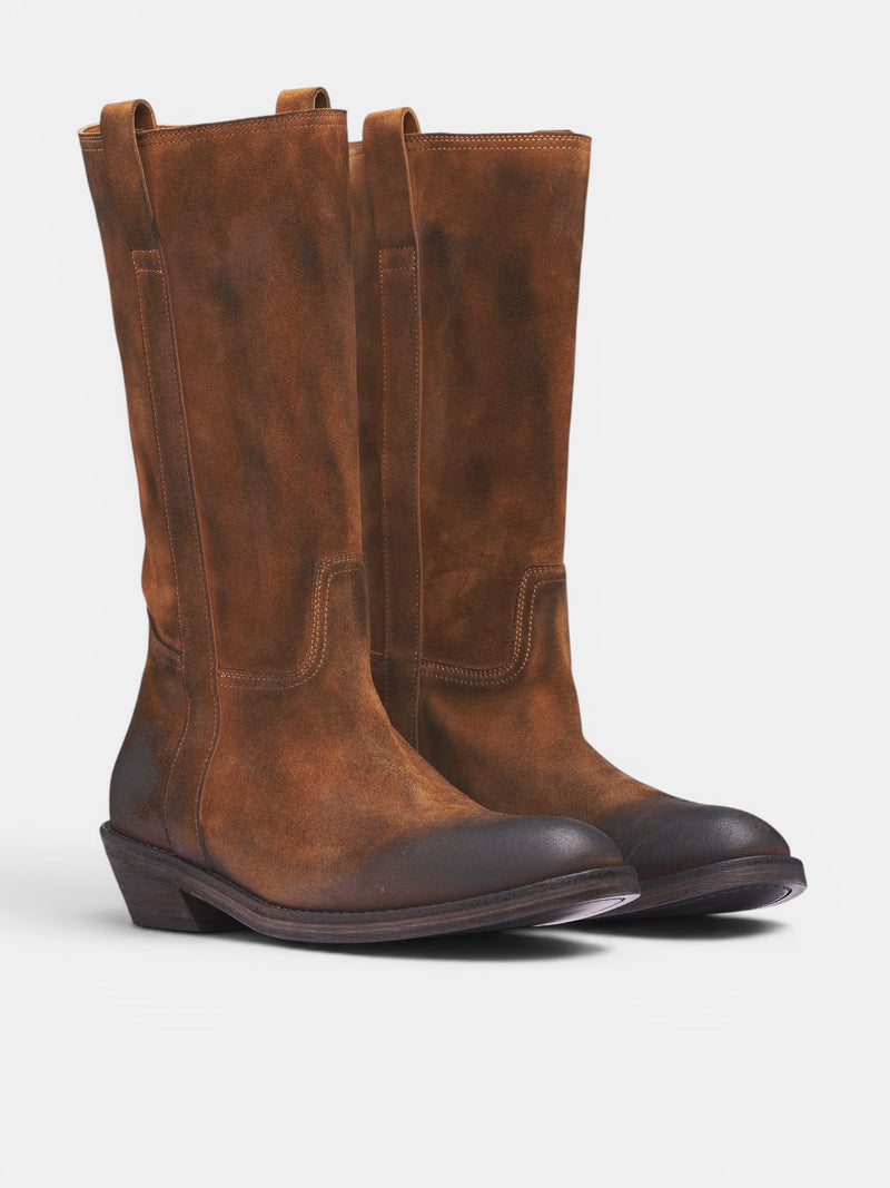 Laxit Brown Suede Cowboy Boots (B0014062-LT194-SAND-OFF-BLACK)