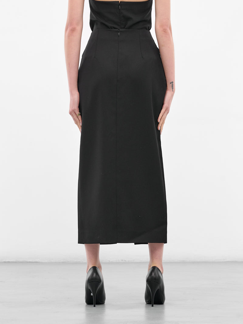 Black Satin Draped Midi Skirt (BA4FSK05-BLACK-N-BO)