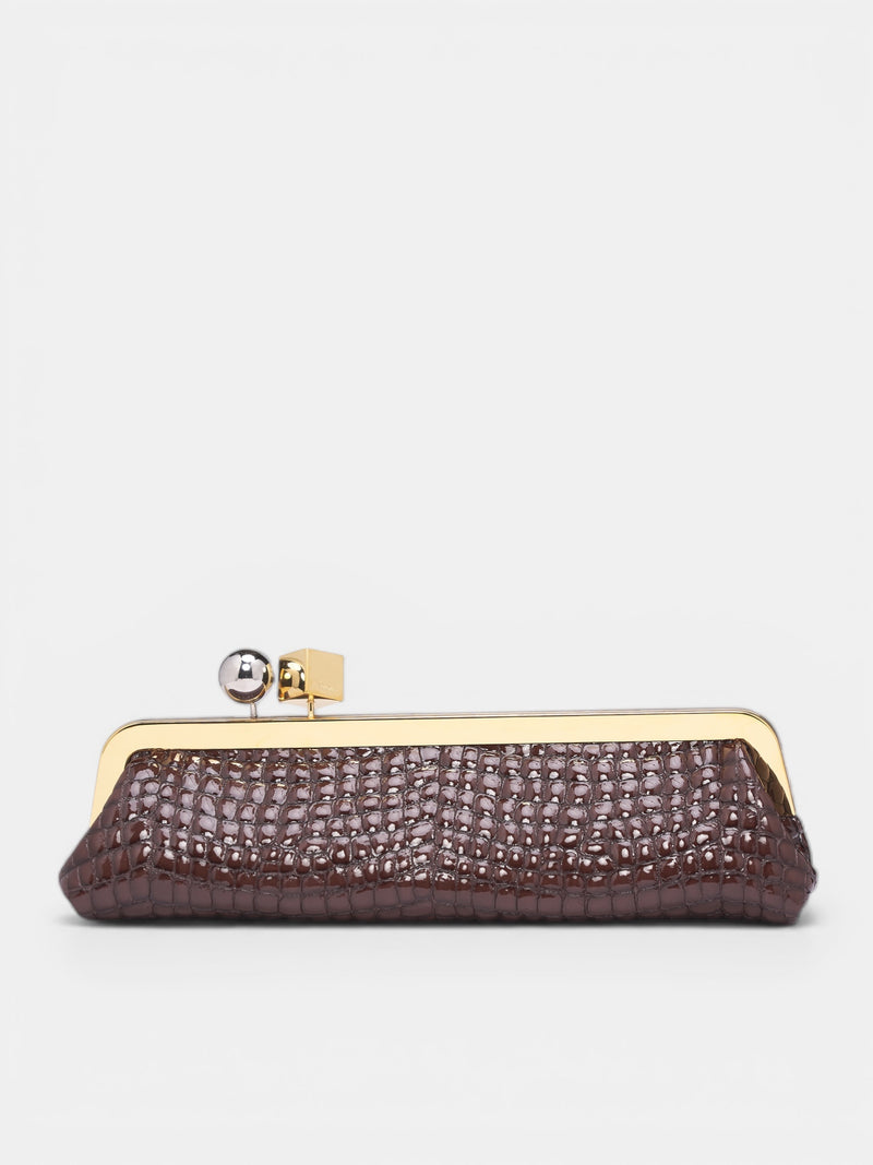 Leather Croc-Embossed Salon Clutch Bag (BAW00413AC07G01-BROWN)