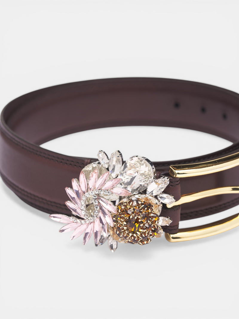 Brown Crystal Brooch Leather Belt (BE01-COL1-BROWN-PINK-CRYSTAL)
