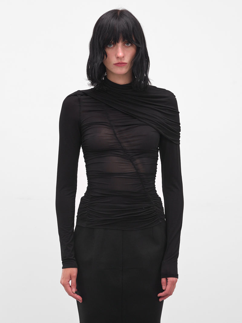 Black Mesh Ruched Cape Blouse (BLOUSE-06-BLACK)