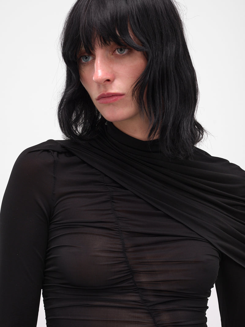 Black Mesh Ruched Cape Blouse (BLOUSE-06-BLACK)