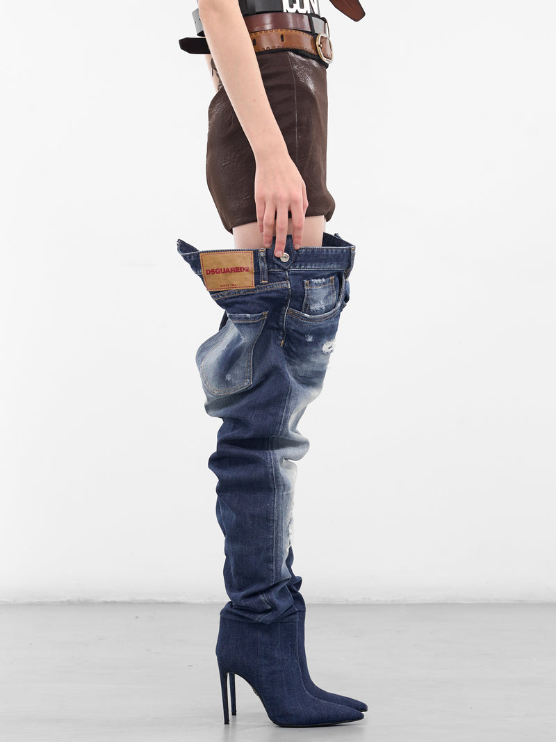 Upcycled Jeans Thigh High Boots (BOW0091-DENIM)