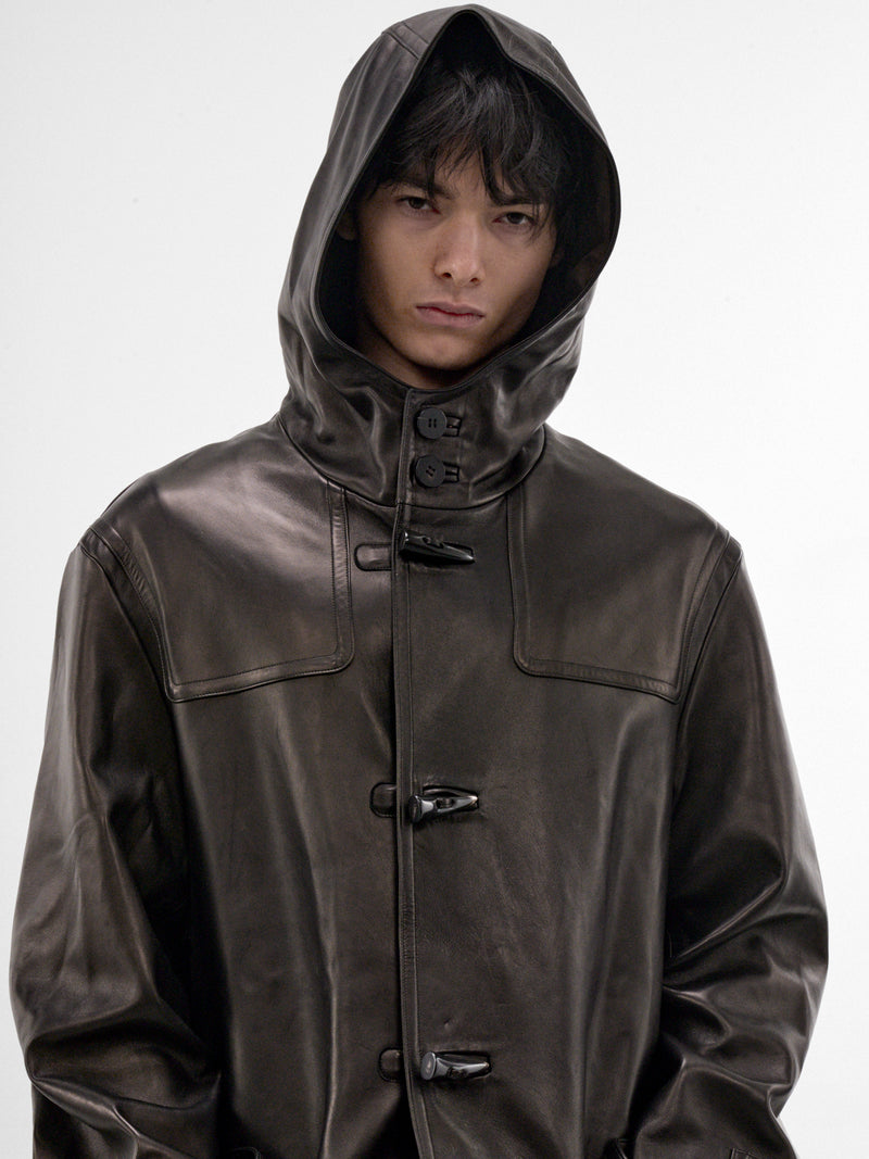 Black Leather Hooded Coat (C263L03C01-BLACK)