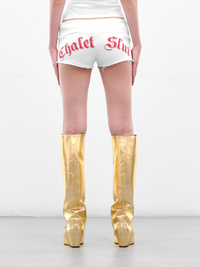 White 'Chalet Slut' Mini Shorts (CHALET-SLUT-SHORTS-WHITE)