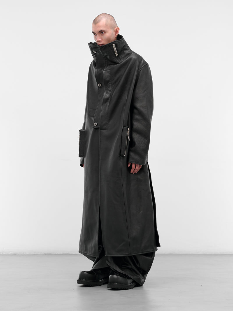Black Leather Funnel Neck Coat (COLAR-COAT-BLACK)