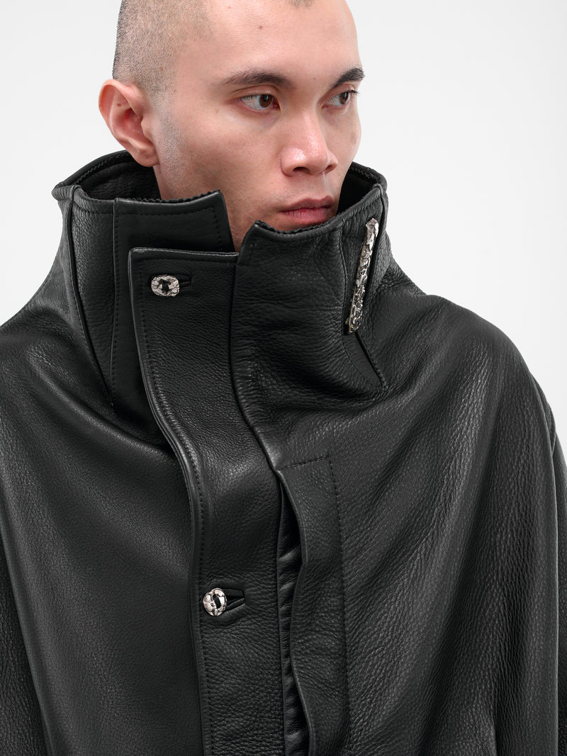 Black Leather Funnel Neck Coat (COLAR-COAT-BLACK)