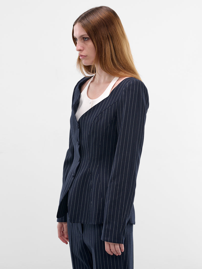 Pinstripe Trompe L'oeil Layered Blazer (COM1VE04741001-NAVY-WHITE)