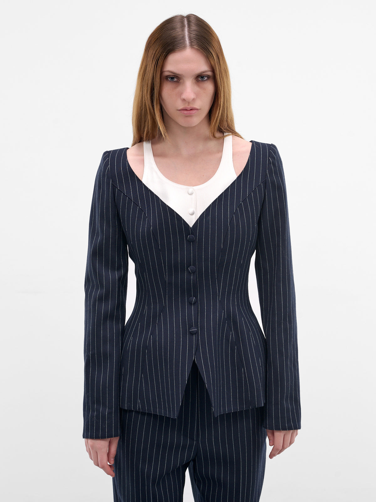 Pinstripe Trompe L'oeil Layered Blazer (COM1VE04741001-NAVY-WHITE)