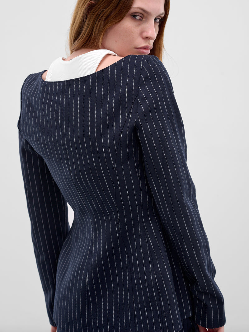 Pinstripe Trompe L'oeil Layered Blazer (COM1VE04741001-NAVY-WHITE)