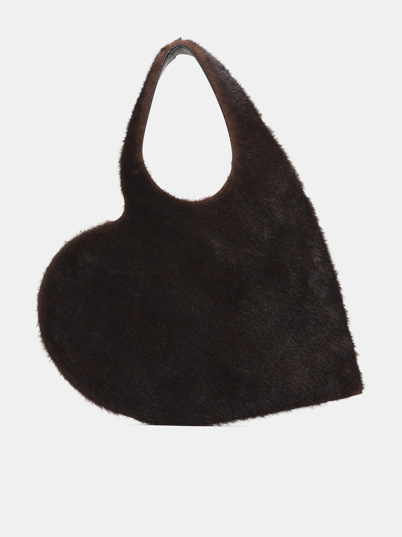 Brown Leather Fur Heart Tote (COPBA14F9015-BROWN)
