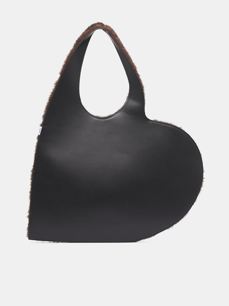 Brown Leather Fur Heart Tote (COPBA14F9015-BROWN)