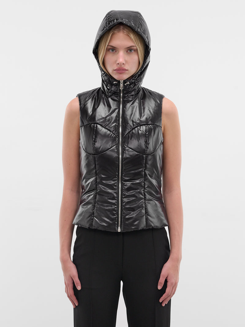 Black Quilted Hooded Puffer Vest (COPOW49F3057-BLACK)
