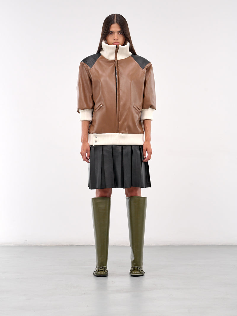 Leather Bomber Dress (D023-BROWN-BLACK-WHITE)