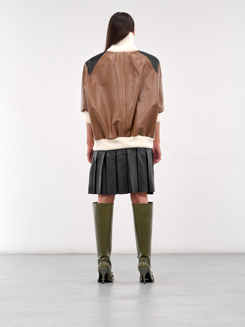 Leather Bomber Dress (D023-BROWN-BLACK-WHITE)