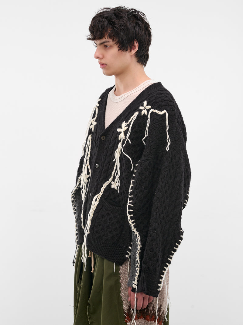 Black Deconstructed Floral Knit Cardigan (DC-NS-KN-05-BLACK)
