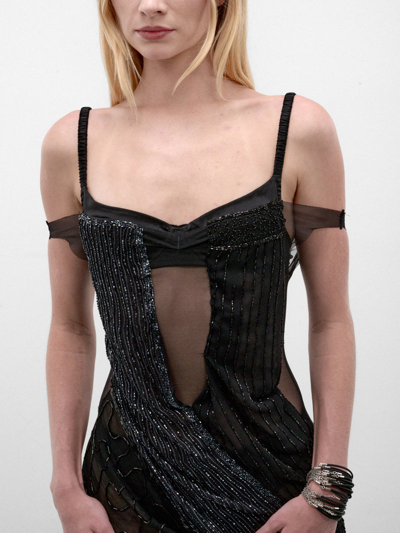 Draped Embroidery Mesh Maxi Dress (DRAPED-EMBROIDERY-MESH-BLACK)