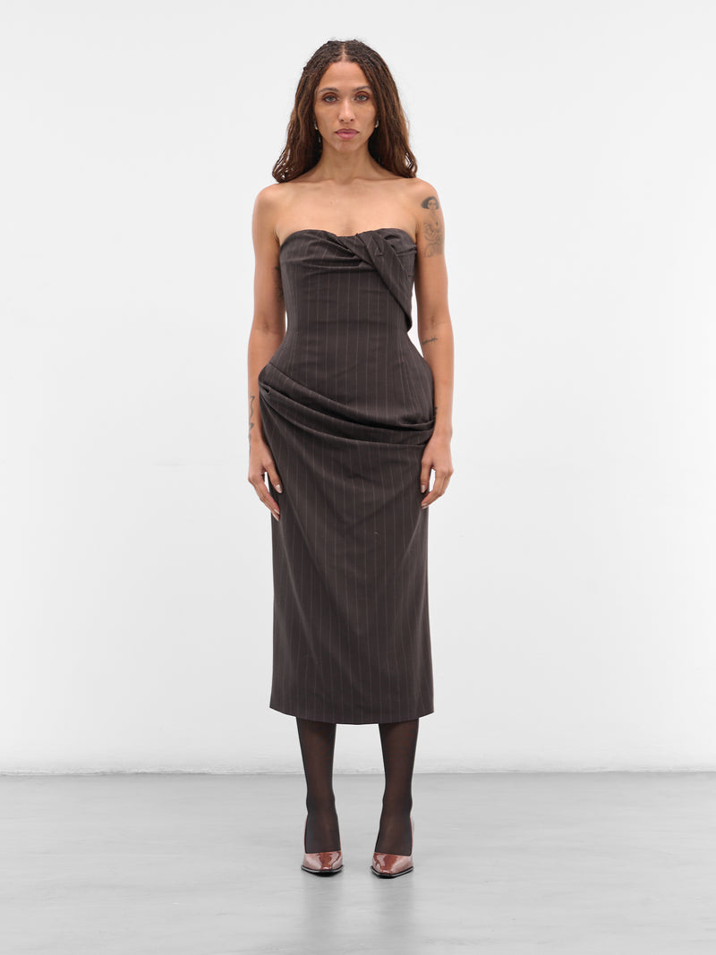Brown Pinstripe Wool Strapless Dress (DRESS-16-BROWN-STRIPES)