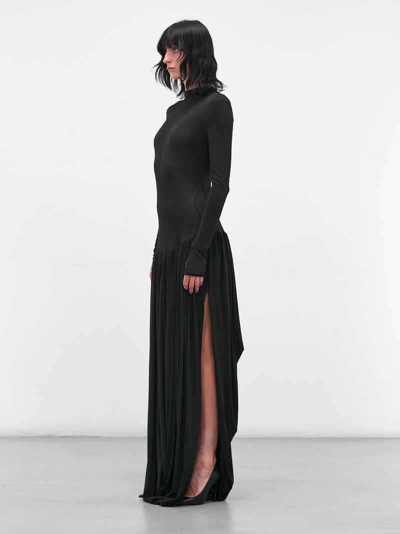 Black Open-Leg Draped Maxi Dress (DRESS-21-BLACK)