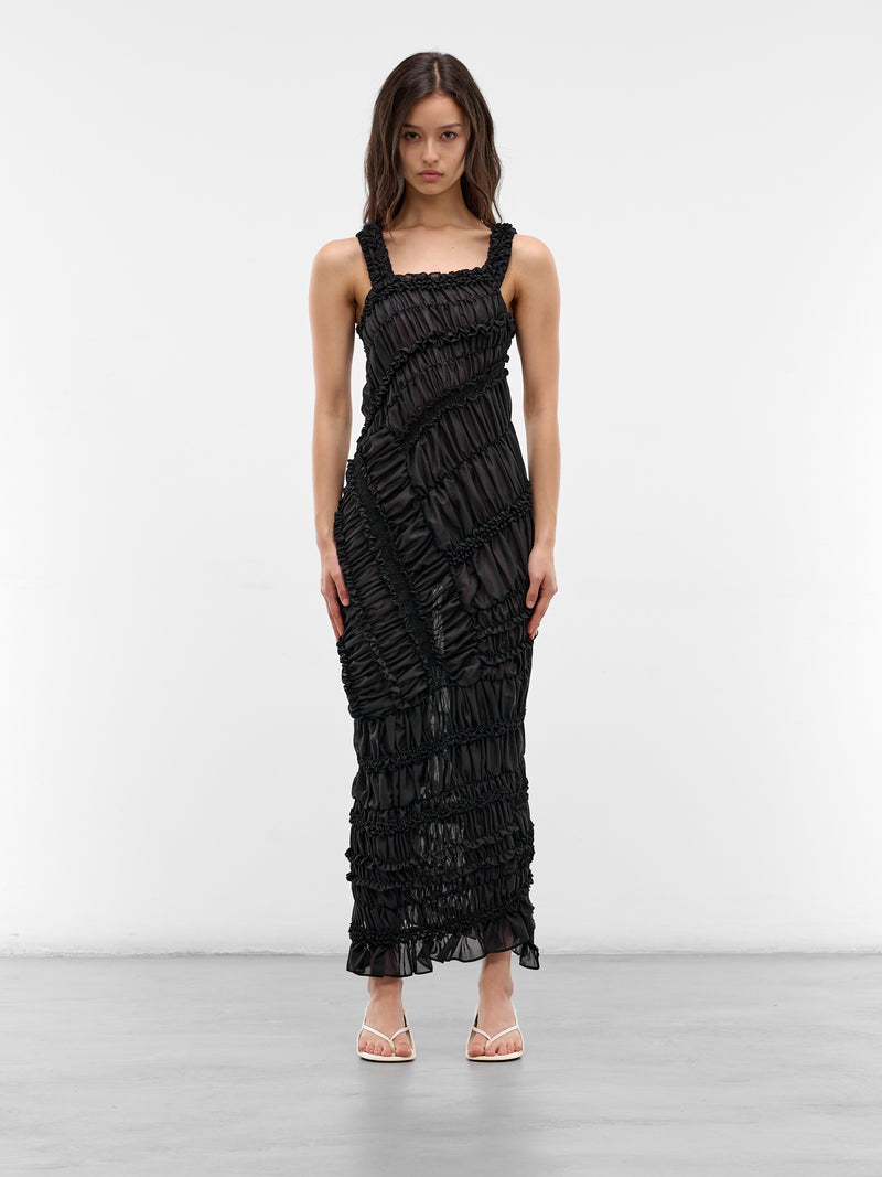 Black Cotton Ruffle Ruching Dress (DRESS25-BLACK)