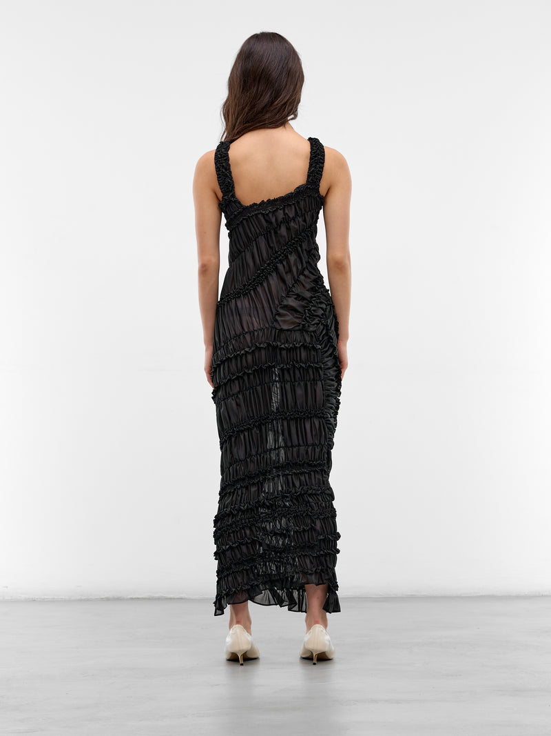 Black Cotton Ruffle Ruching Dress (DRESS25-BLACK)