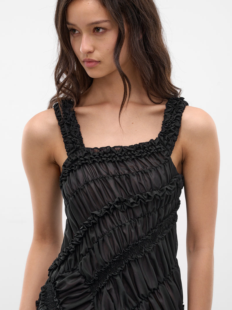 Black Cotton Ruffle Ruching Dress (DRESS25-BLACK)