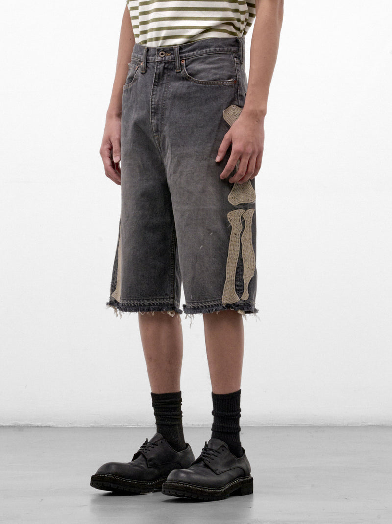 Black Bone Embroidered Denim Shorts (EK-1449-SPA-PRO-BLACK)