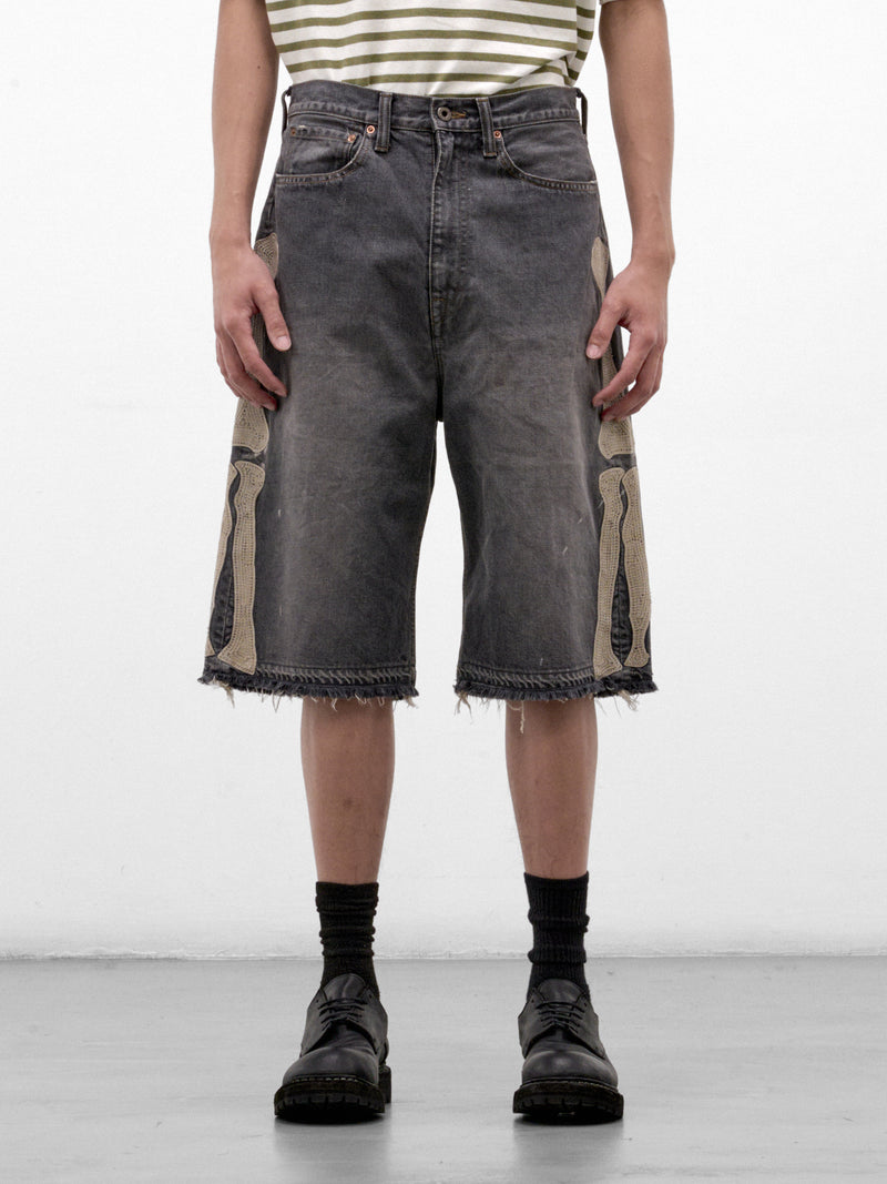 Black Bone Embroidered Denim Shorts (EK-1449-SPA-PRO-BLACK)