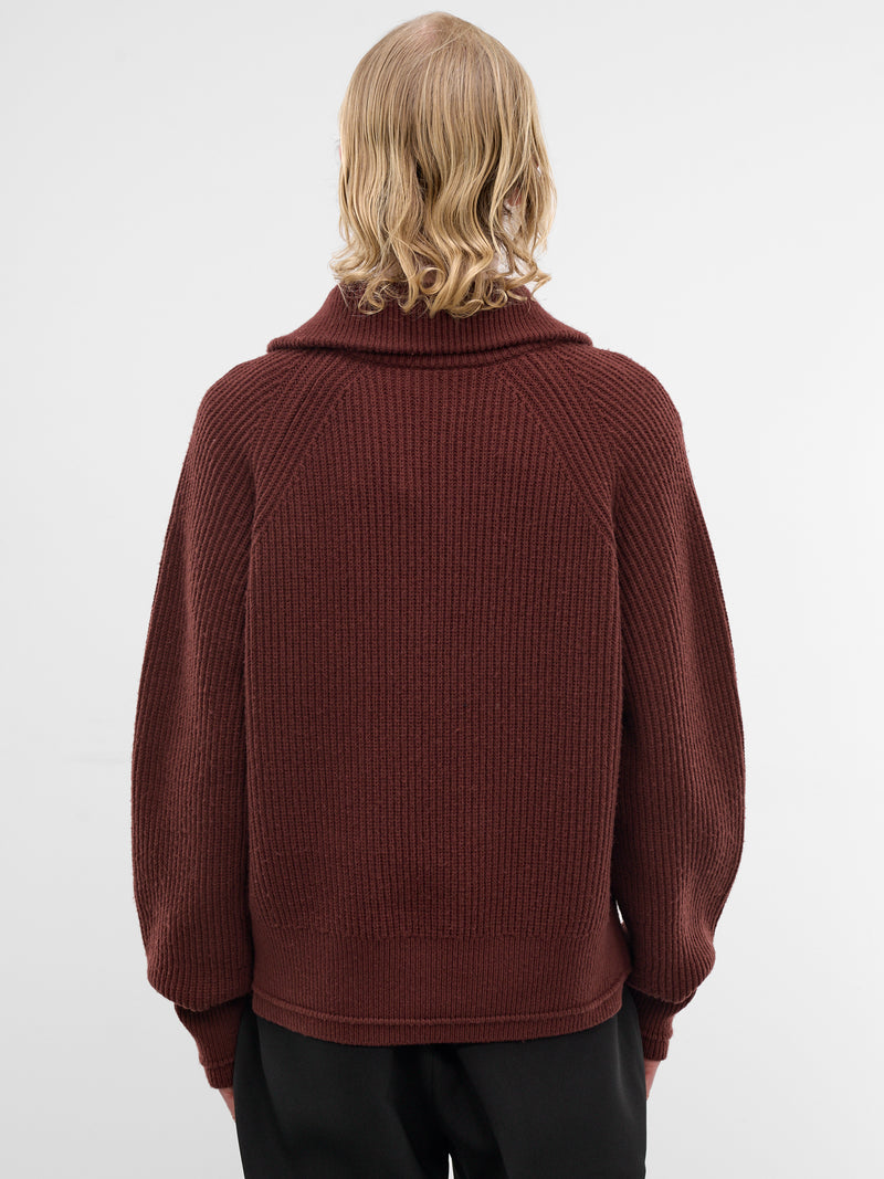 Bean Wool Rib-Knit Quarter Zip (ESSS26TO01073-BEAN)
