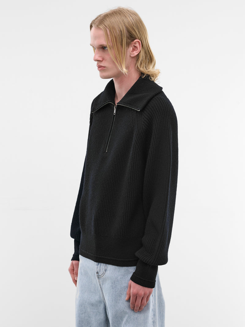 Black Wool Rib-Knit Quarter Zip (ESSS26TO01073-BLACK)