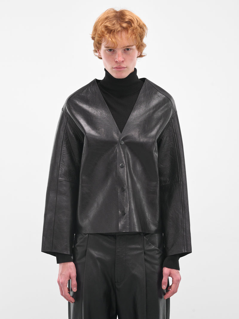 Black Minimalist Leather Boxy Jacket (ESU-W25-13025-BL-BLACK)