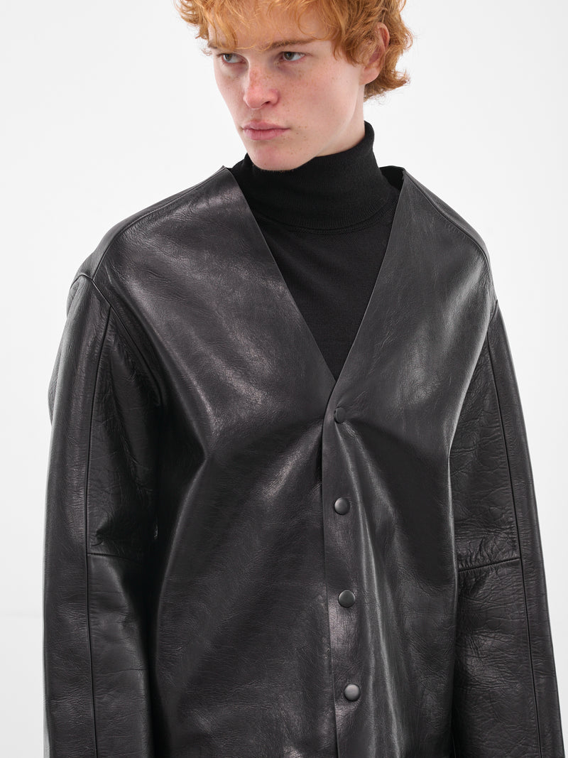 Black Minimalist Leather Boxy Jacket (ESU-W25-13025-BL-BLACK)