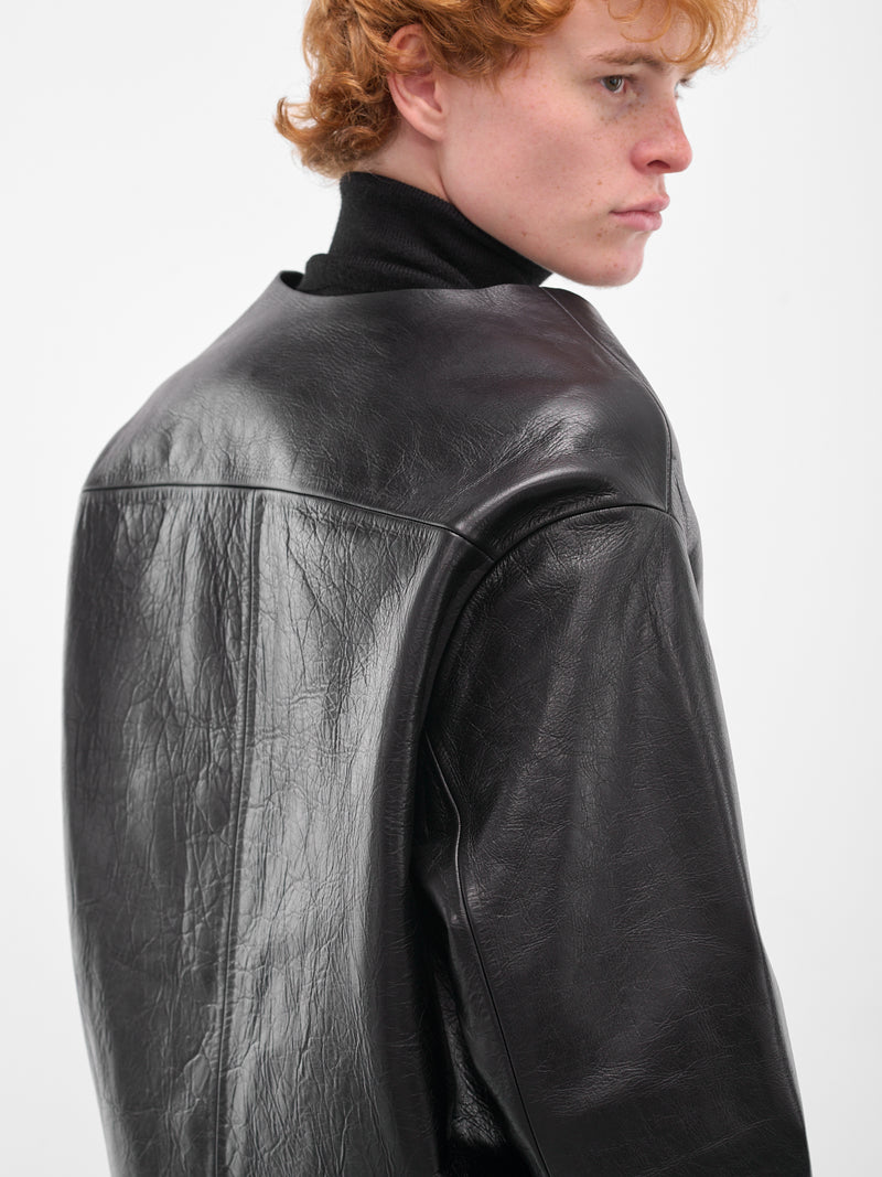 Black Minimalist Leather Boxy Jacket (ESU-W25-13025-BL-BLACK)