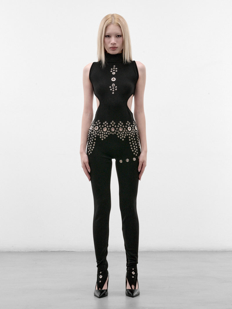 Black Eyelet Jumpsuit (EYELETS-JUMPSUIT-BLACK-SILVER)