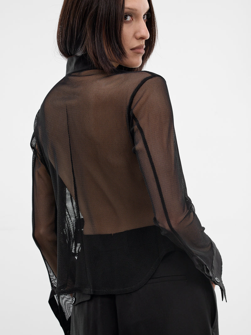 Black Net Tulle Button-Up Shirt (FK-B61-900-1BLACK)