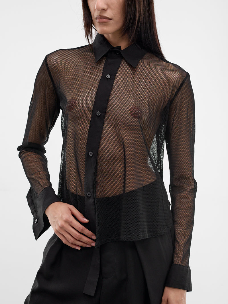 Black Net Tulle Button-Up Shirt (FK-B61-900-1BLACK)