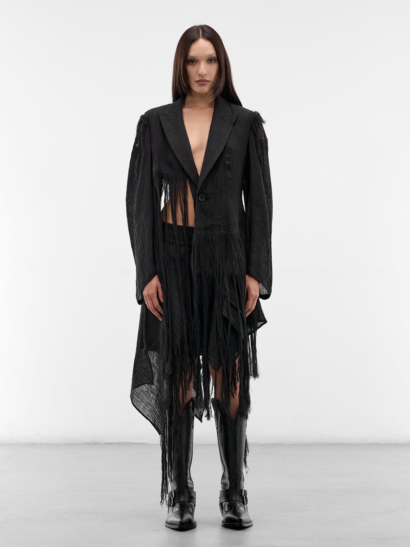 Black Linen Fringe Blazer (FK-J02-307-1-BLACK)