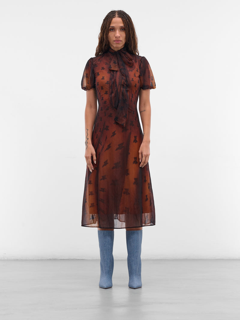 Brown Printed Nylon Bow Dress (FN-WN-DRES001562-RUST-BROWN)
