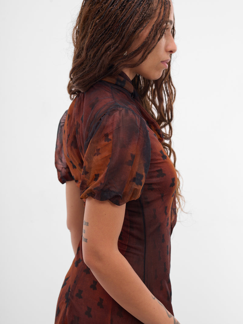 Brown Printed Nylon Bow Dress (FN-WN-DRES001562-RUST-BROWN)